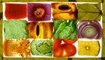 kuoret, sitruspuut, sipuli, viipale, lehtisalaatti, tomaatti, kaki, kiivi, lehti, suoni, ydin
