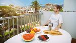 fruits, baguette, watermelon, breakfast, mokapot, berries, water, terrace, resort, vegan, palm