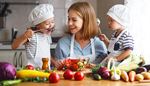 chef'shat, vegetables, healthyfood, carrot, toddler, smile, salad, girl, apron, onion