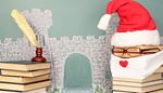 books, chalkboard, inkwell, santaclaus, glasses, castle, heart, loophole, quill, tower