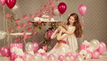 butterfly, surprise, wallpaper, table, dress, belt, chair, balloons, gifts, birthday, hair, tea