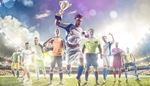 cup, victory, players, goalkeeper, referee, floodlights, soccer, field, stadium, shout, ball