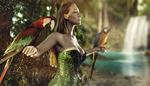 macaw, waterfall, decollete, corset, shoulder, pond, parrot, jungle, wing, beak