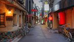 bambu, bicicleta, ideograma, tampadoesgoto, rua, cartaz, lanterna, ladrilho, asfalto, janela, entrada, asia