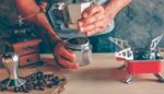 coffee, coffeegrinder, coffeetamper, coffeebeans, fingers, barista, handle, metal, stove, wood, mokapot