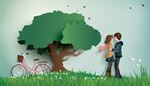 field, grass-blade, scarf, grass, butterfly, couple, bicycle, crown, tree, wind, love, hug