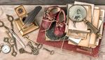 pocketwatch, scissors, shoestrings, inkwell, shoes, photo, feather, magnifier, keys
