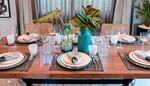 fork, diningroom, wineglass, tableware, flatware, plate, curtain, napkin, glass, spoon, vase, table