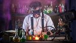 lab, hourglass, shelf, suspenders, sparks, scientist, liquid, bottle, wheel, potion