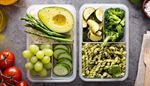 container, zucchini, tomatoes, asparagus, grapes, cucumber, pasta, avocado, basil, fork, broccoli, pesto, rice
