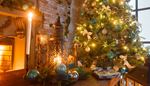 bakstenen, kerstboom, laagrelief, kerstmis, geschenk, ornament, strik, kaars, haard