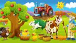 kalkkuna, maanviljelija, vuohenpoika, omenapuu, paimensauva, pilvi, lehma, ankanpoika, aurinko, aita, utare, auto