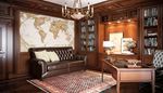 map, chandelier, door, globe, africa, office, carpet, sofa, desk