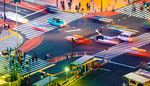 intersection, trafficlight, pedestrians, crosswalk, evening, pole, markings, cover, taxi, speed
