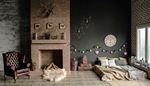 garland, fireplace, firewood, antlers, window, loft, bed, armchair, star