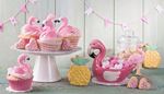 cakestand, partyflags, candies, triangle, pineapple, pink, heart, cupcake, neck, wing, lid, flamingo, beak