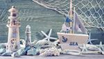 starfish, lighthouse, anchor, seashell, gull, mast, sail, boat, net
