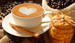 cappuccino, schotel, knoop, schuim, kaneel, juteweefsel, koekje, koffie, strik, hart
