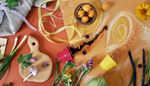tape, greenbeans, cuttingboard, bucket, garlic, scallions, flower, apricot, salt, clove, lace
