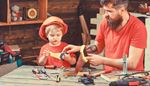 drill, helmet, screwdriver, t-shirt, beard, hammer, saw, child, clock, cutter