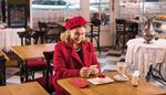 napkin, pitcher, tablecloth, table, chair, overcoat, frappe, cafe, dessert, beret
