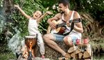 mug, campfire, haystack, firewood, happy, drum, stump, palm, guitar, duo