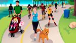 father, rollerskates, walkway, stone, bicyclist, jogging, stroller, leash, park, lake, dog