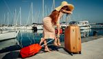 suitcase, pumpsshoes, slit, pier, mast, clutch, sea, hair, heel, yacht, hat
