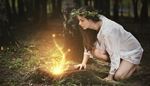 barefoot, forest, chaplet, hair, witchcraft, girl, knee, tunic, lace, glow