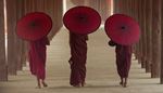 bouddhisme, trois, poteau, rouge, pied, moine, parapluie, chemin