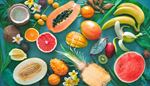 papaya, passionsfrucht, wassermelone, salakpalme, drachenfrucht, plumeria, schale, kiwi, ananas, rambutan, longan, kokosnuss, hornmelone, banane, mango