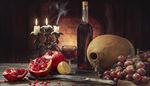 flame, candelabrum, pomegranate, fireplace, smoke, pitcher, lemon, grapes, drink, knife