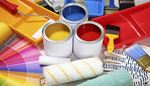 red, paintroller, renovation, palette, paint, tray, gloves, yellow, blue, brush