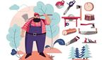 axe, lumberjack, overalls, growthrings, log, chainsaw, beard, teeth, forest, tools, saw, plane