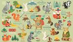 skunk, binoculars, squirrel, opossum, wolf, raccoon, campfire, owl, ferret, tent, stump, beaver, bear, fox, axe