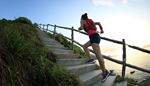sneakers, sunset, fence, sportswoman, shorts, run, stairs, backpack, grass, coast
