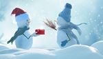 scarf, snowdrift, gift, snowman, mitten, santahat, branches, smile, hat, snow