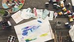 rose, glassjar, watercolors, bow, paintbrush, tube, plant, pencils, paints, palette