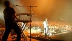 crowd, microphone, concert, equipment, stage, musician, light, synthesizer, spectators, band