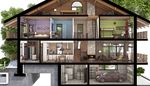 house, crosssection, stairs, fireplace, automobile, mudroom, livingroom, balcony, garage, toilet, roof, bedroom, attic, room, kitchen