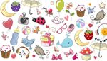 panda, paraplu, hoofdtelefoon, frambozen, halvemaan, lh-beestje, strik, vogel, walvis, bramen, mier, cupcake, bal, wolk