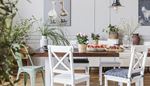 diningroom, chaircushion, strawberries, chair, goose, picture, lamp, apples, table, plant, vase
