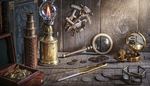 bookcover, casket, magnifier, dividers, wood, oillamp, spyglass, box, flame, sextant, mirror, coins