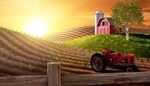 barn, tractor, sunset, crown, meadow, fence, silo, wheel, hill, field