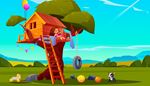 swing, girl, partyflags, treehouse, ladder, dog, balloons, crown, sky, tire, ball