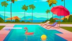 palmer, liggestol, parasol, flamingo, hals, pool, trappe, vand, hav, vippe