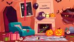 web, headstone, witchhat, fireplace, armchair, hole, monster, bat, mess, coffin, skull, cupcake
