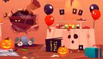 bat, balloons, headstone, mess, sweets, cupcake, pumpkin, skull, monster, hole, broom, web