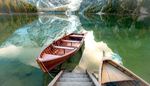 calm, mountain, reflection, paddle, rope, stairs, lake, boat