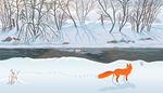 fox, footprints, snowdrift, branches, winter, river, snow, shadow, tail, duck